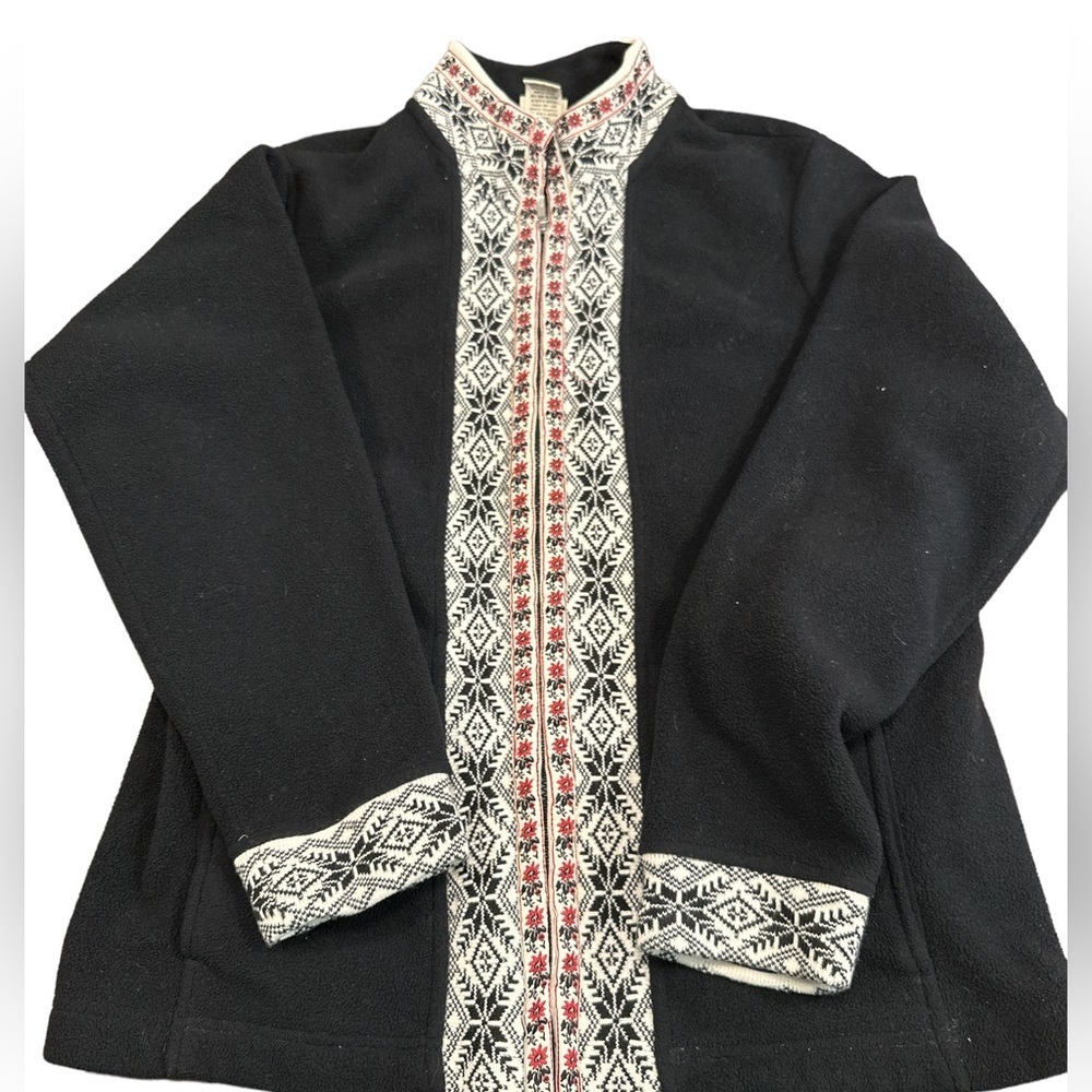 L.L. Bean Women’s Black Fleece With Embroidered Cuffs And Trim And Collar Medium